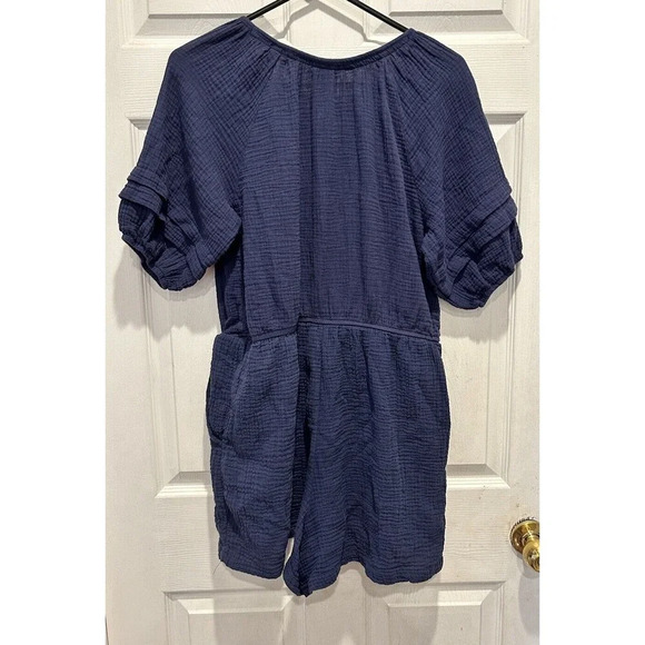 Knox Rose Navy Double Cotton Gauze Short Sleeve V-Neck Tassel Romper Size Large - Picture 8 of 8